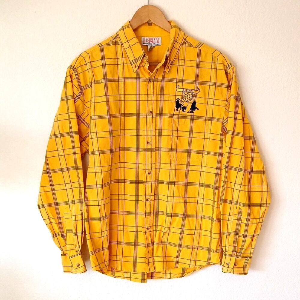 Vintage BAW Golden Yellow Plaid Western Button Up Rodeo Patch